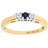 0.15 Round Diamond and 0.15ct Sapphire 3 stone ring in UK Hallmarked 9ct Yellow Gold